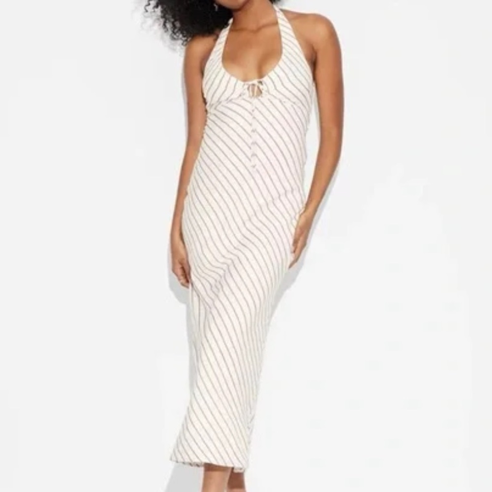 Striped Halter Midi Dress in Cream and Brown